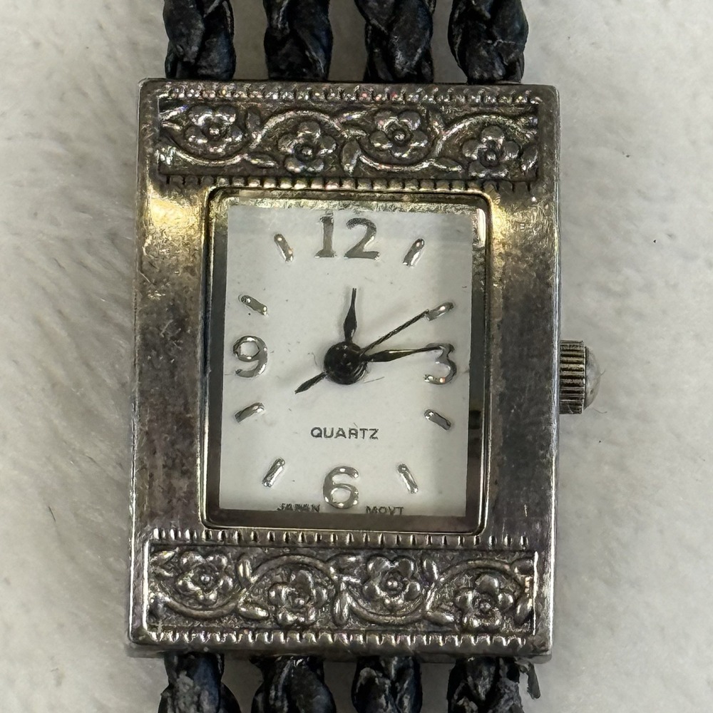 Women's Western Southwestern Quartz Watch Braided Black Silver Tone Floral